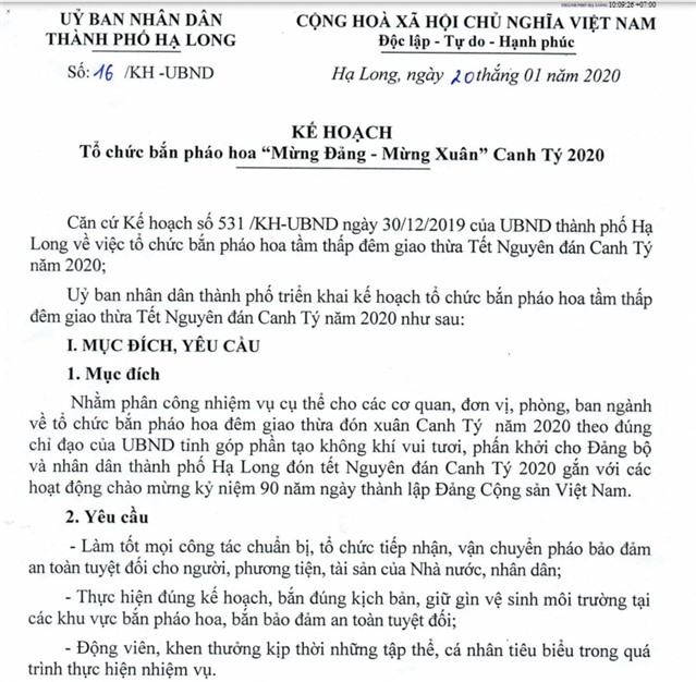 Kế hoạch tổ chức bắn pháo hoa tầm thấp đêm giao thừa Tết Nguyên đán Canh Tý năm 2020