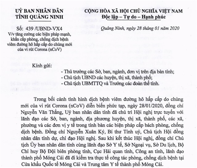 Văn bản của UBND tỉnh Quảng Ninh v/v tăng cường các biện pháp mạnh, khẩn cấp phòng, chống dịch viêm phổi cấp do chủng mới của vi rút Corona